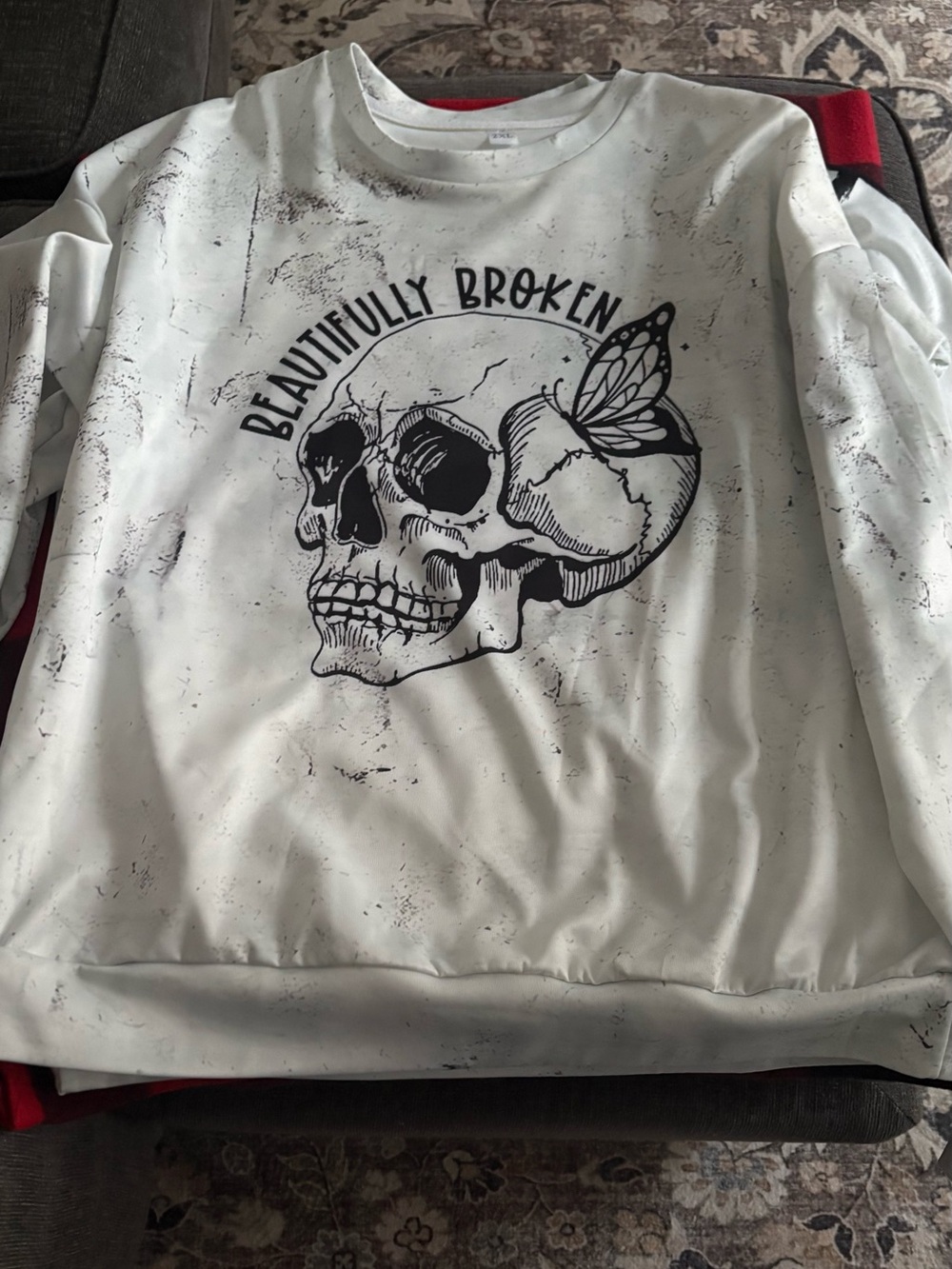 White Graphic Sweatshirt with Skull & Butterfly "Beautifully Broken"